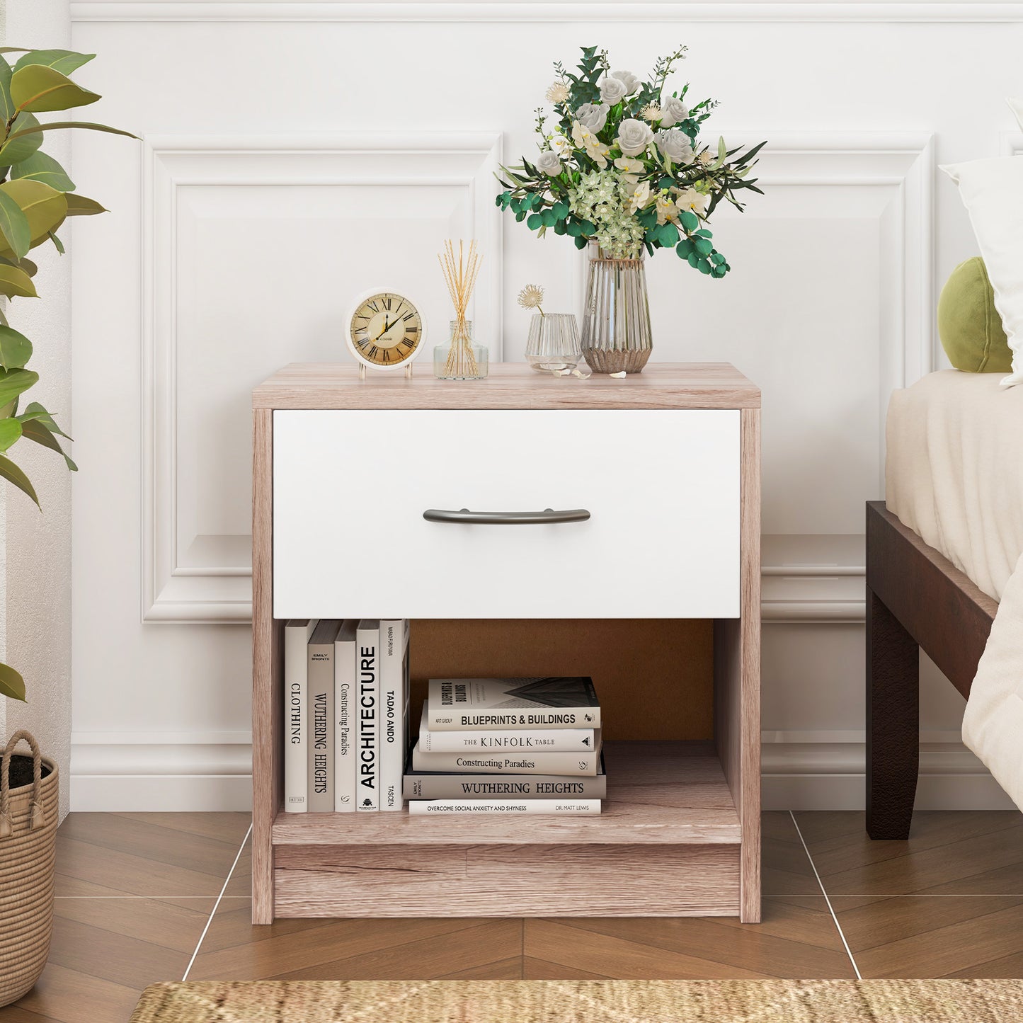 Nightstand with Drawer and Open Shelf for Bedroom or Living Room - Oak