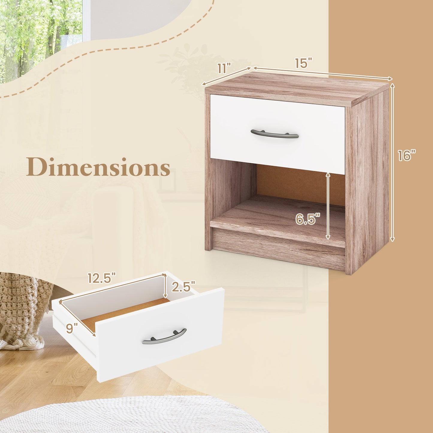 Nightstand with Drawer and Open Shelf for Bedroom or Living Room - Oak