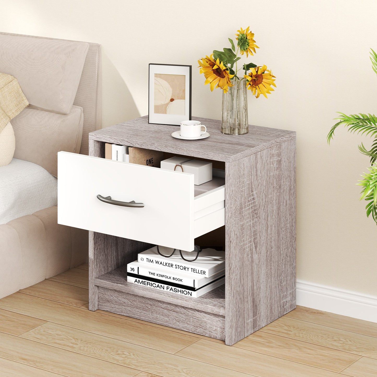 Nightstand with Drawer and Open Shelf for Bedroom or Living Room - Light Grey