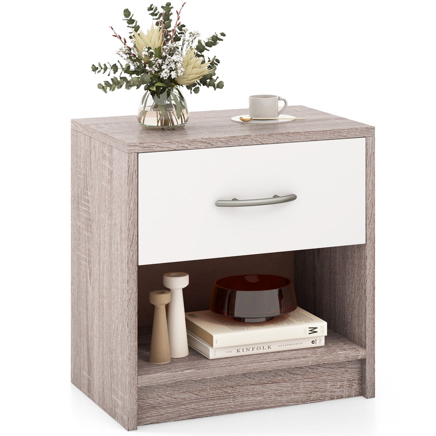 Nightstand with Drawer and Open Shelf for Bedroom or Living Room - Light Grey