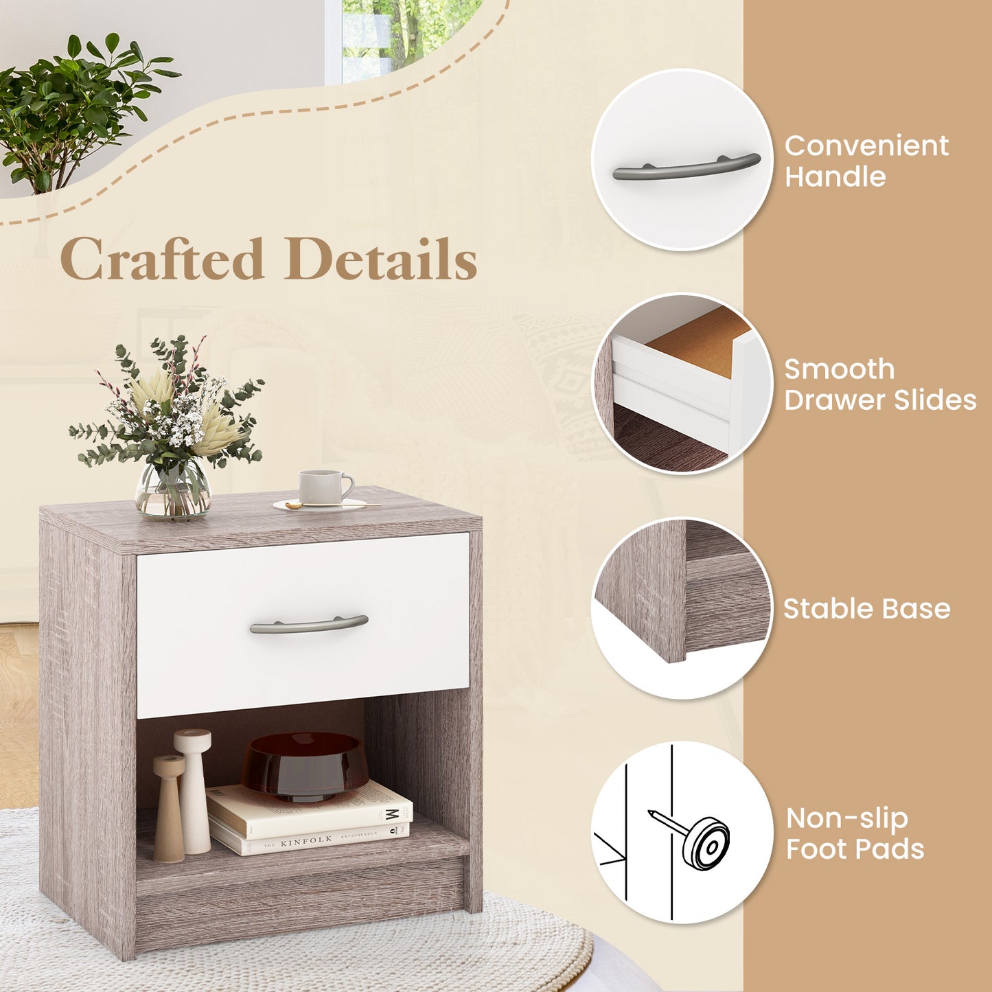 Nightstand with Drawer and Open Shelf for Bedroom or Living Room - Light Grey