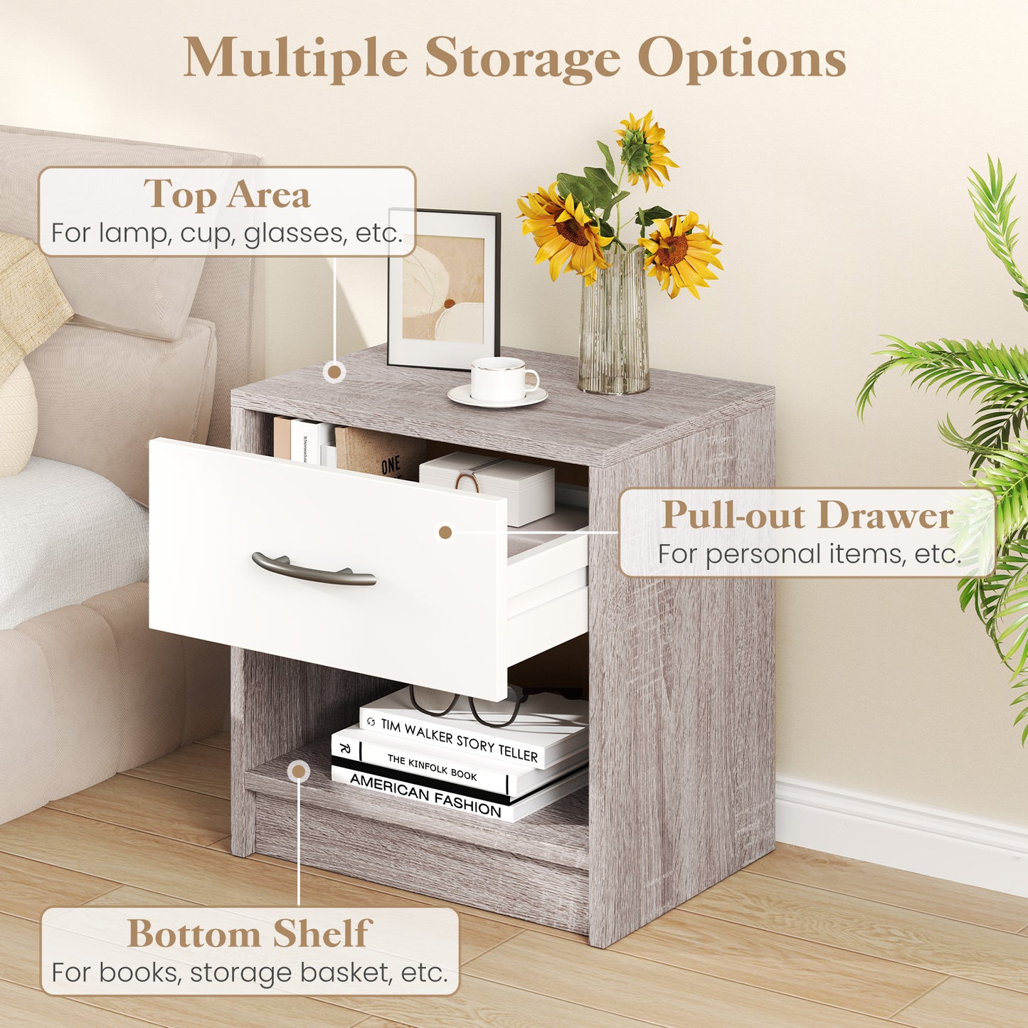 Nightstand with Drawer and Open Shelf for Bedroom or Living Room - Light Grey
