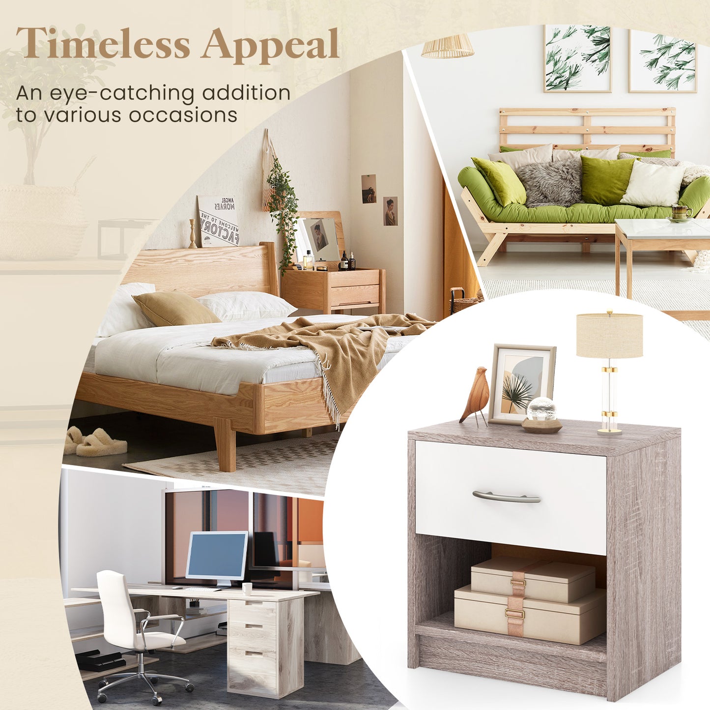 Nightstand with Drawer and Open Shelf for Bedroom or Living Room - Light Grey