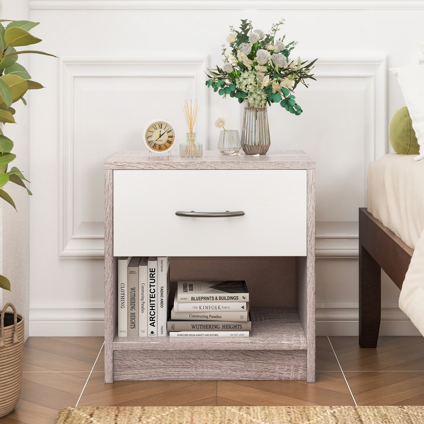 Nightstand with Drawer and Open Shelf for Bedroom or Living Room - Light Grey