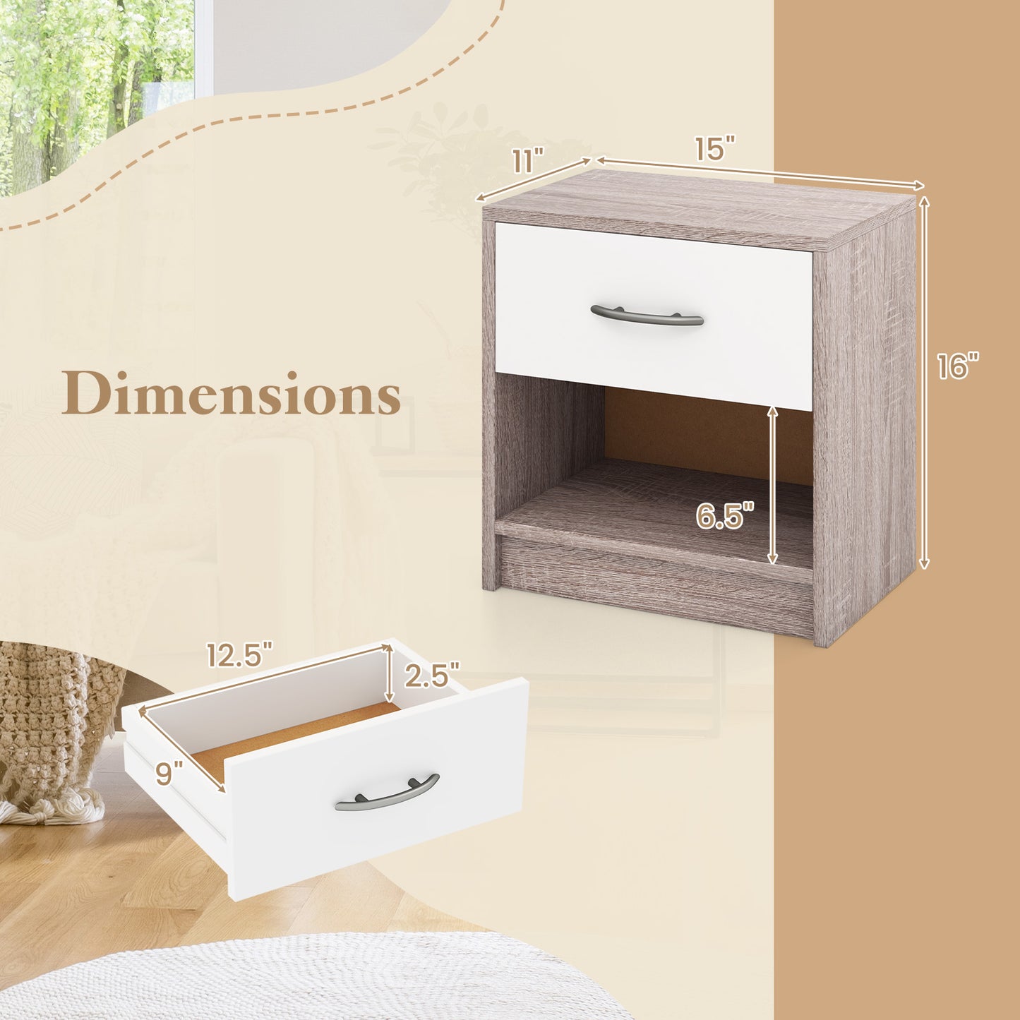 Nightstand with Drawer and Open Shelf for Bedroom or Living Room - Light Grey