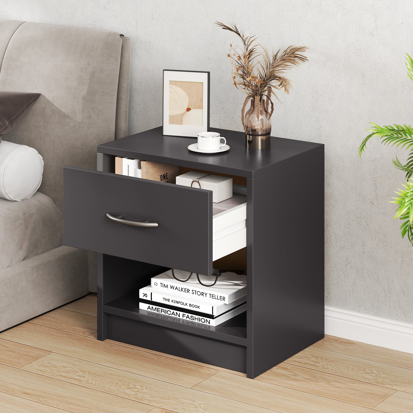 Nightstand with Drawer and Open Shelf for Bedroom or Living Room - Grey