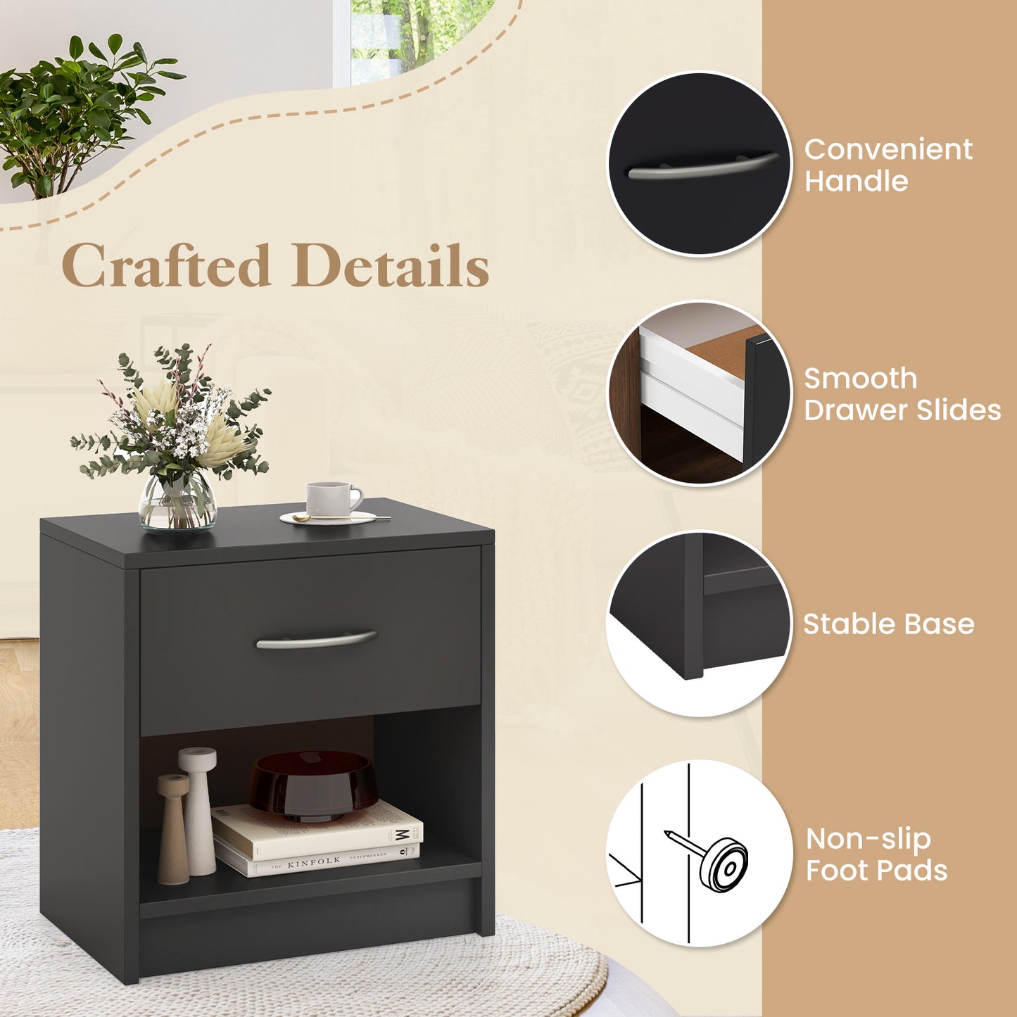 Nightstand with Drawer and Open Shelf for Bedroom or Living Room - Grey