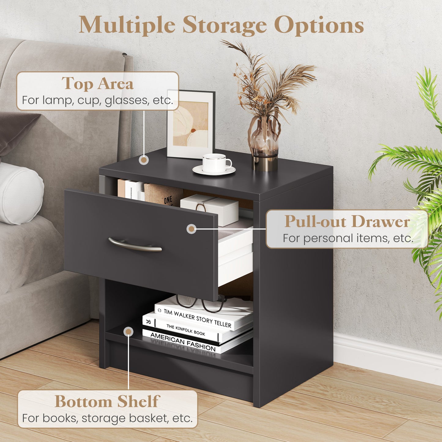 Nightstand with Drawer and Open Shelf for Bedroom or Living Room - Grey