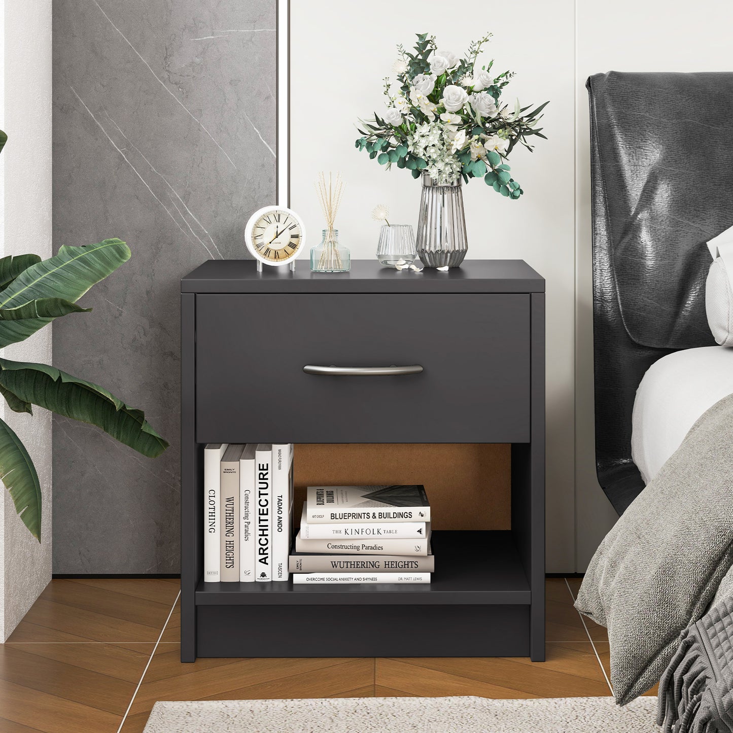 Nightstand with Drawer and Open Shelf for Bedroom or Living Room - Grey