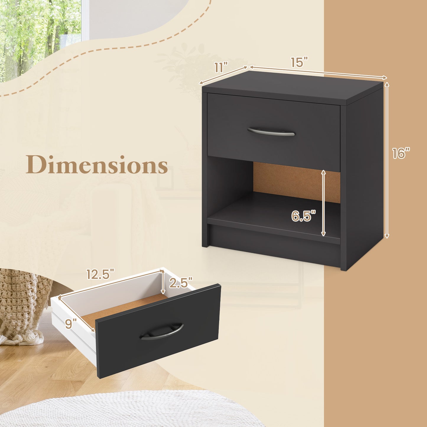 Nightstand with Drawer and Open Shelf for Bedroom or Living Room - Grey