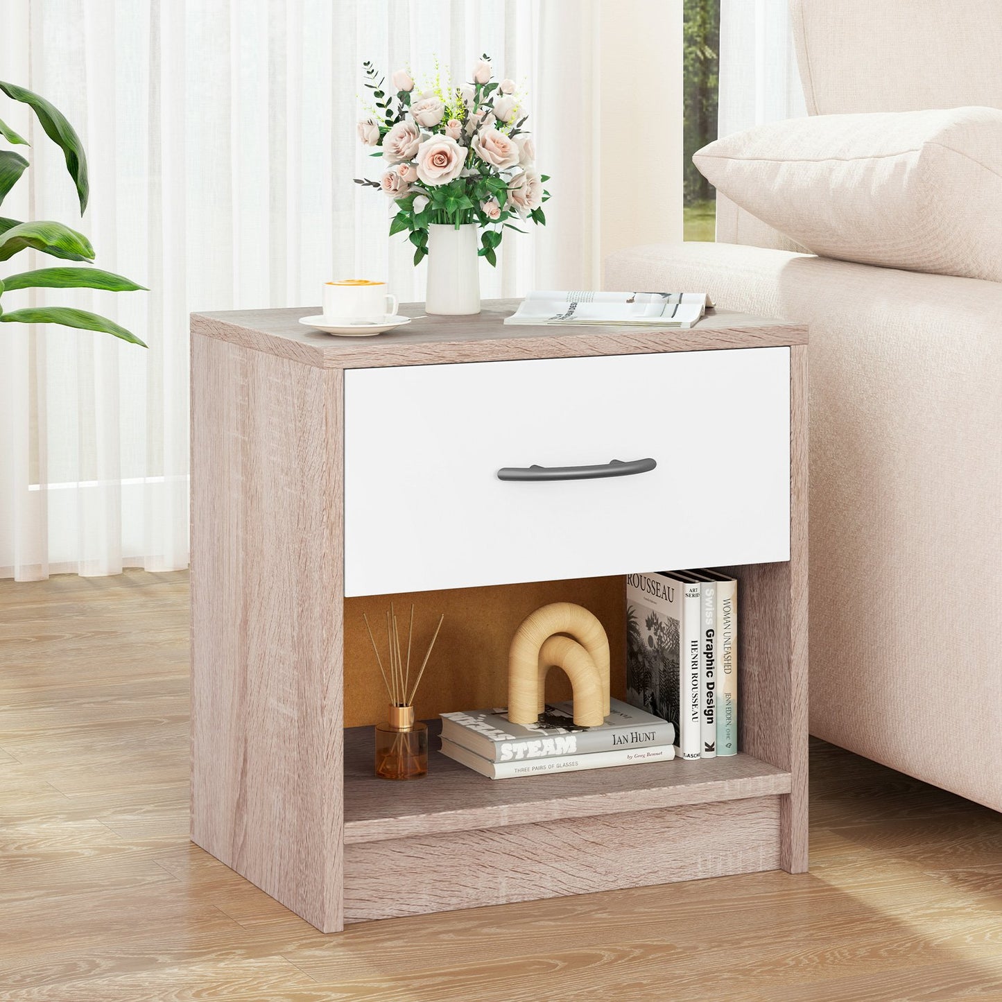 Nightstand with Drawer and Open Shelf for Bedroom or Living Room - Natural & White