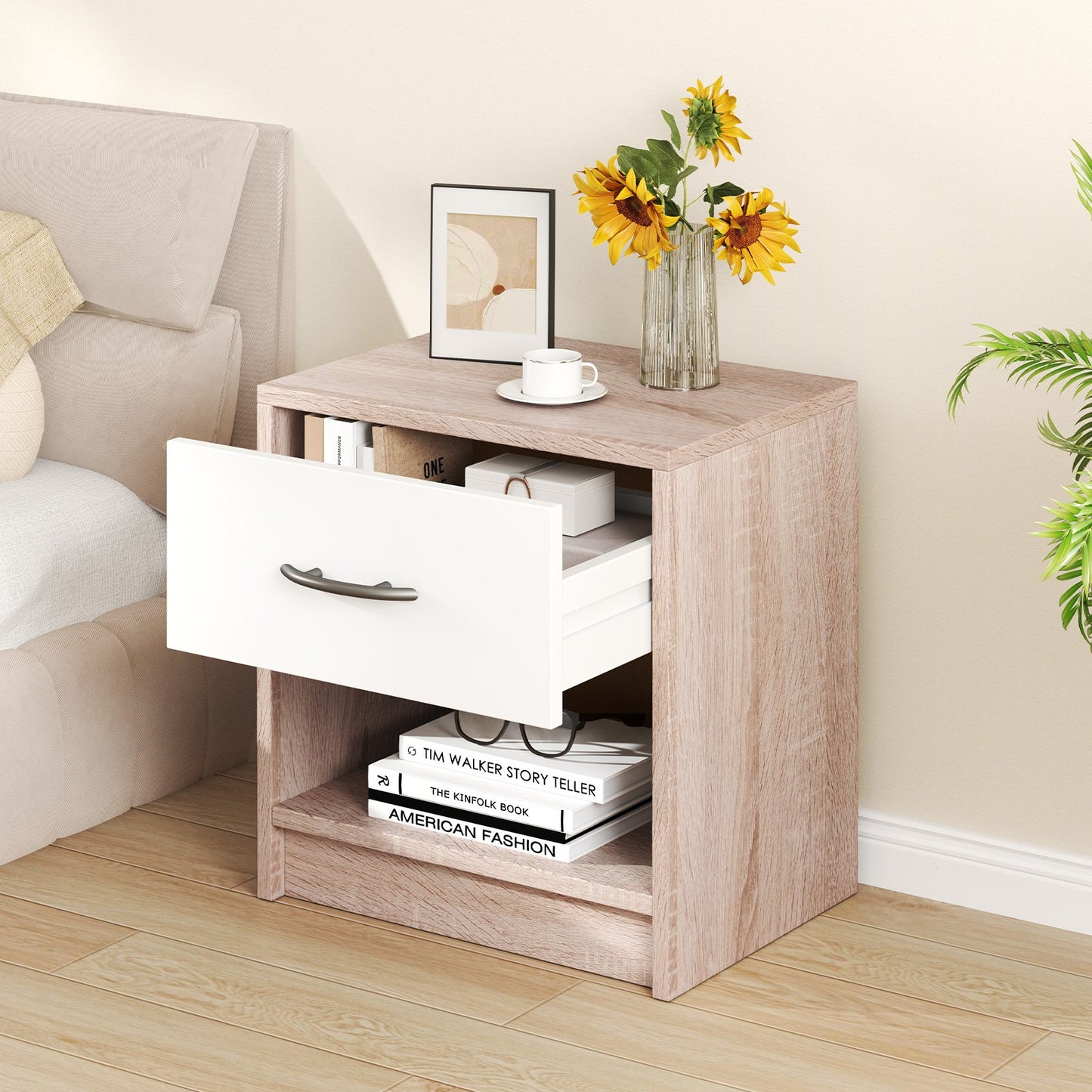 Nightstand with Drawer and Open Shelf for Bedroom or Living Room - Natural & White