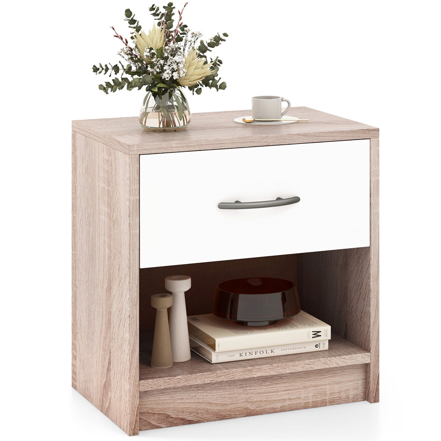 Nightstand with Drawer and Open Shelf for Bedroom or Living Room - Natural & White