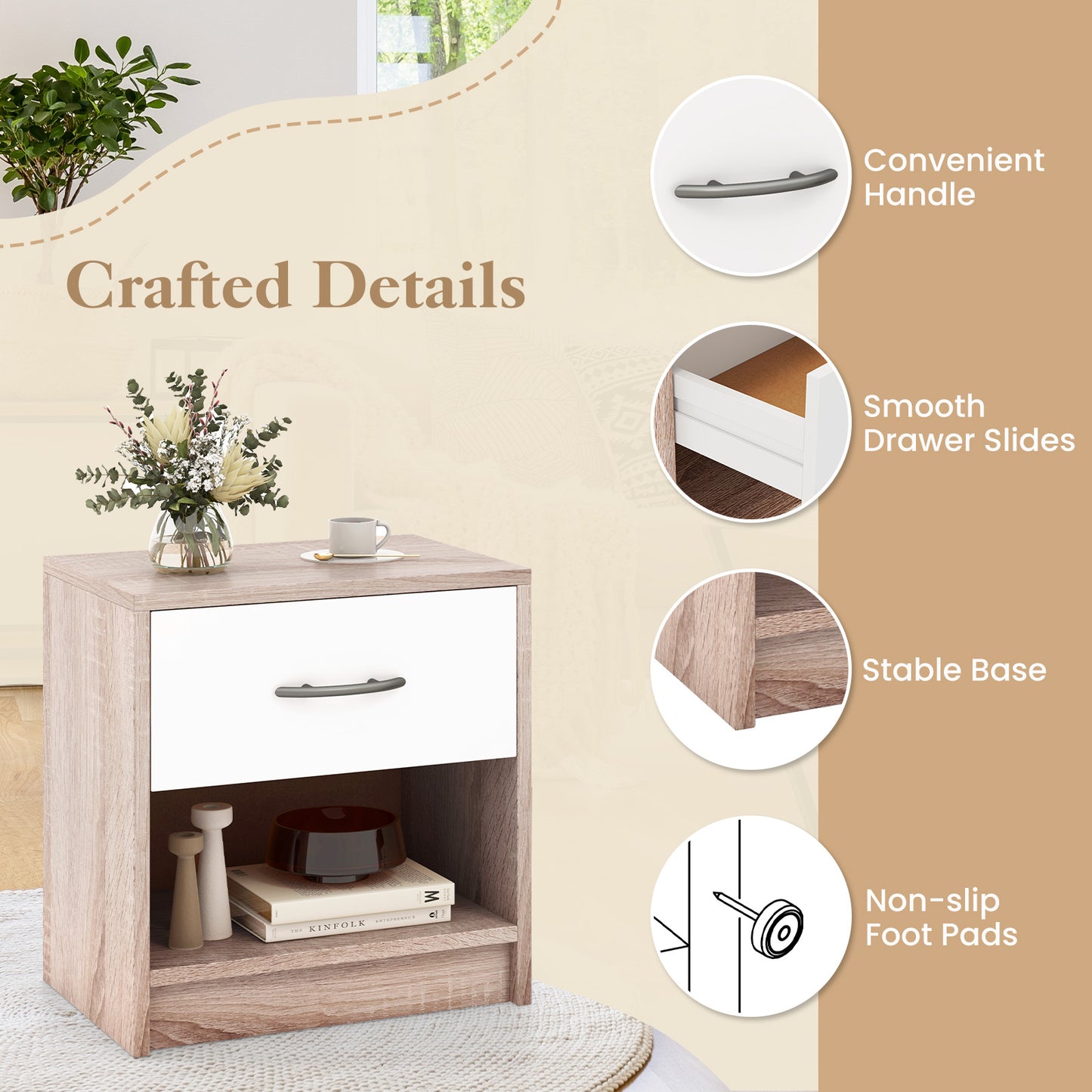 Nightstand with Drawer and Open Shelf for Bedroom or Living Room - Natural & White