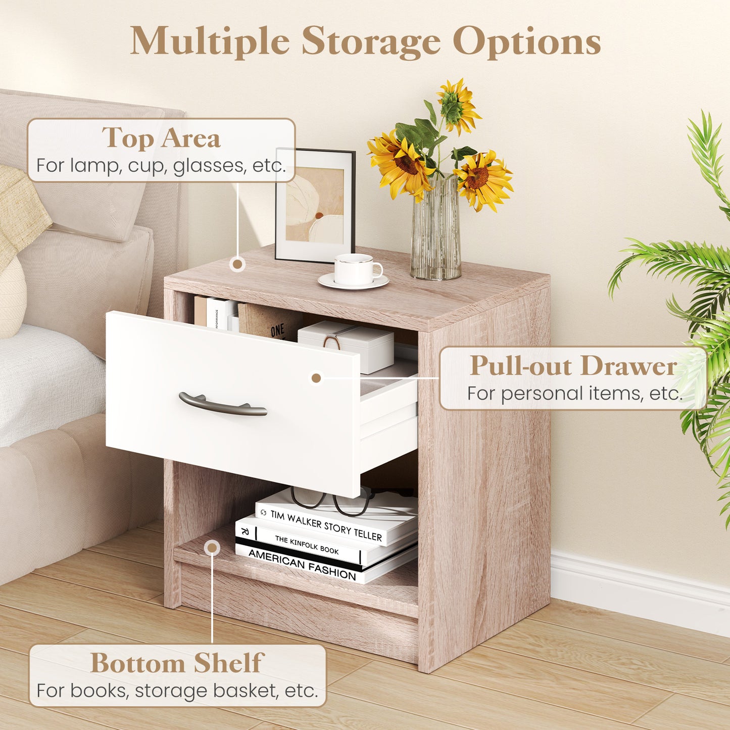 Nightstand with Drawer and Open Shelf for Bedroom or Living Room - Natural & White