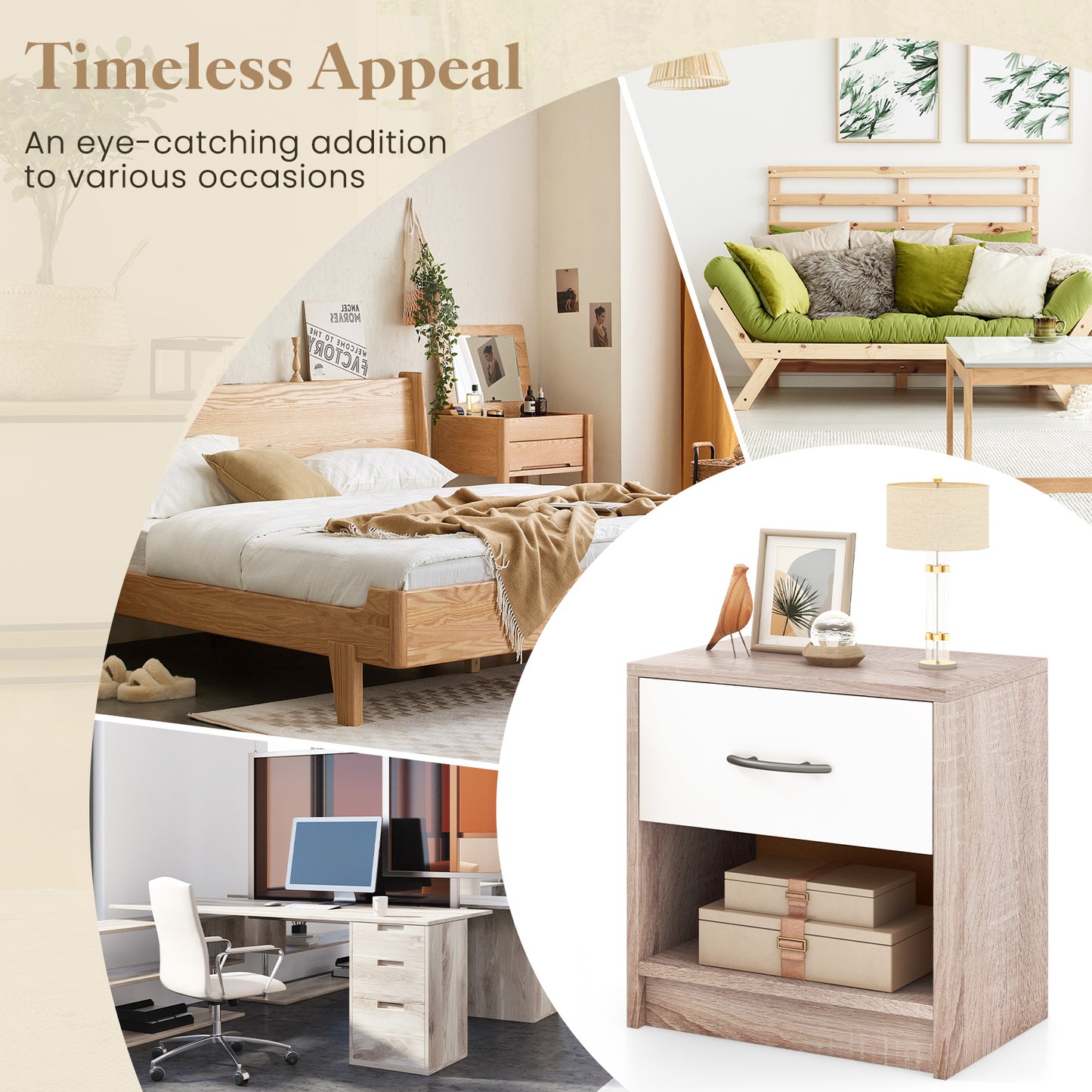Nightstand with Drawer and Open Shelf for Bedroom or Living Room - Natural & White