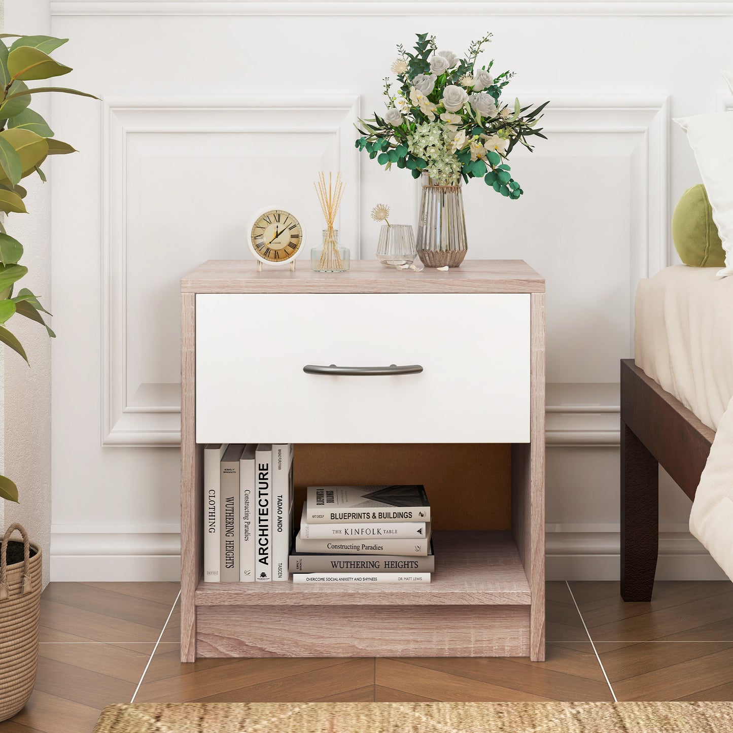 Nightstand with Drawer and Open Shelf for Bedroom or Living Room - Natural & White