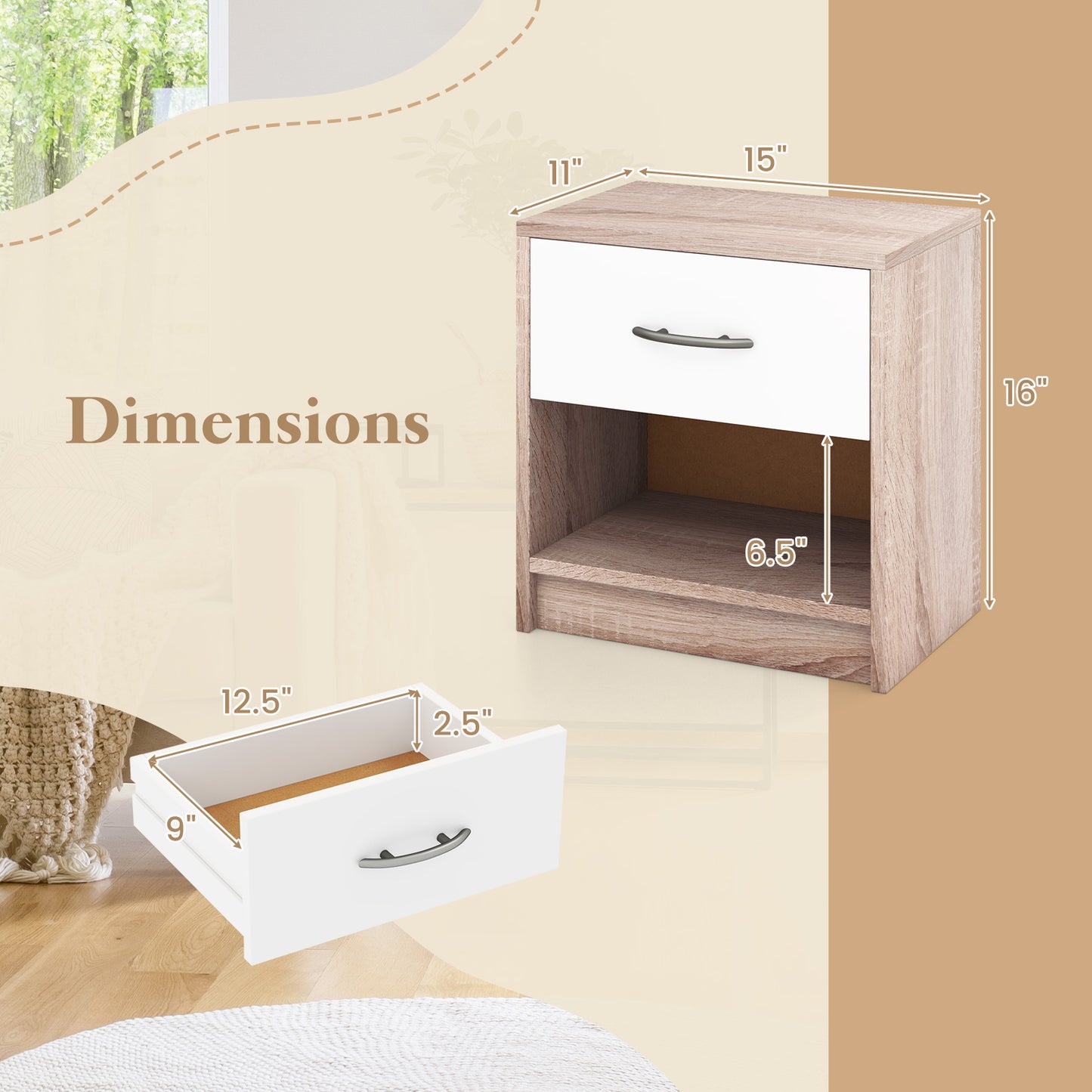 Nightstand with Drawer and Open Shelf for Bedroom or Living Room - Natural & White