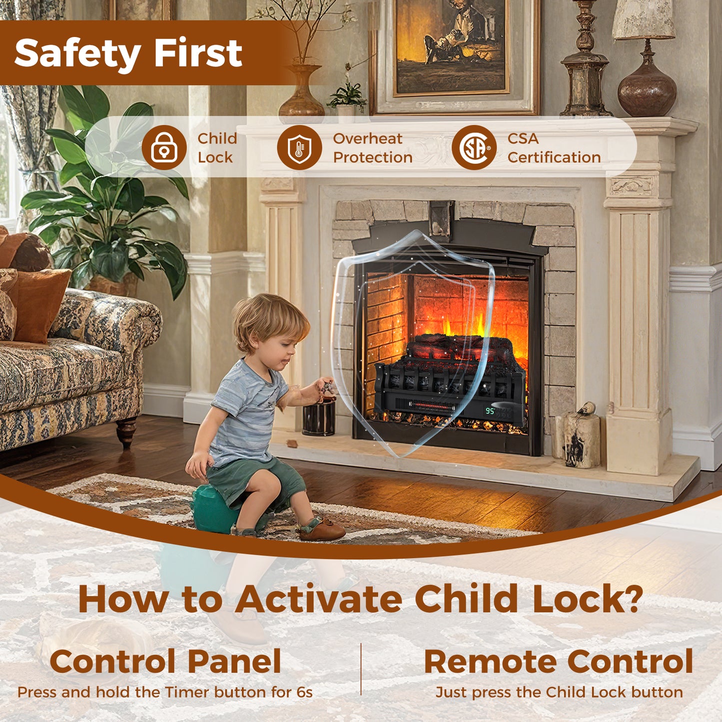 23 Inch 1500W Infrared Quartz Electric Fireplace with Adjustable Flame, Resin Pinewood Logs & Remote Control
