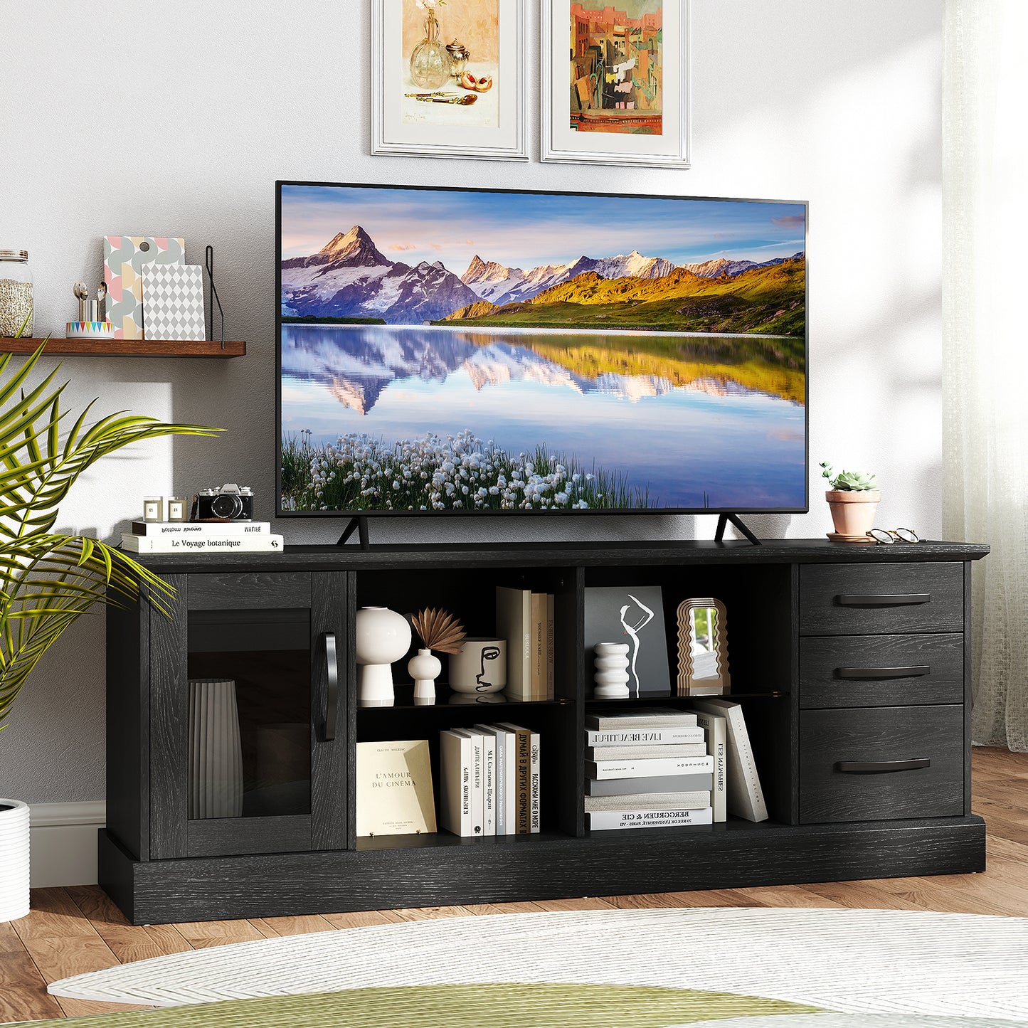 Media Console Table 63 Inch with 3 Drawers 2 Glass Shelves Supports TVs up to 73 Inches - Black