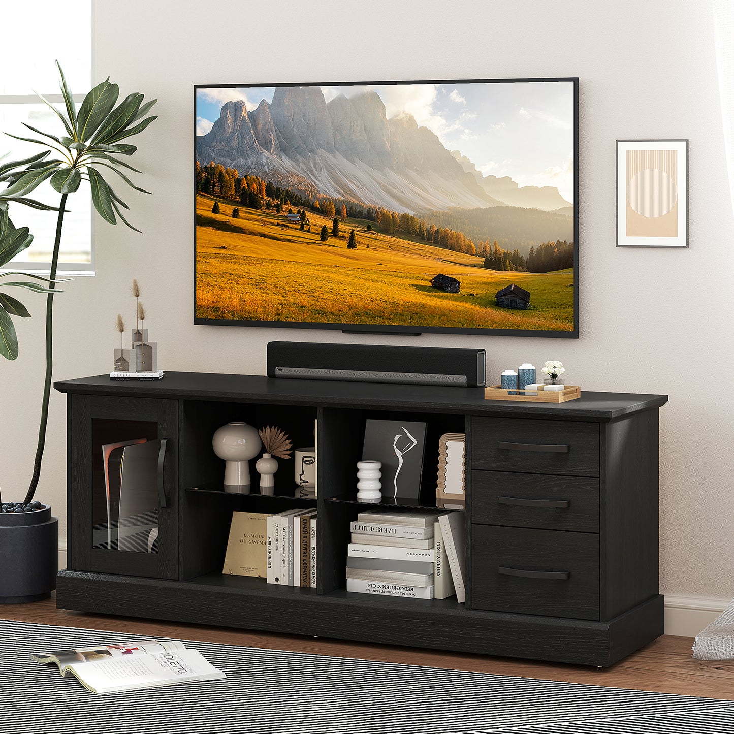 Media Console Table 63 Inch with 3 Drawers 2 Glass Shelves Supports TVs up to 73 Inches - Black