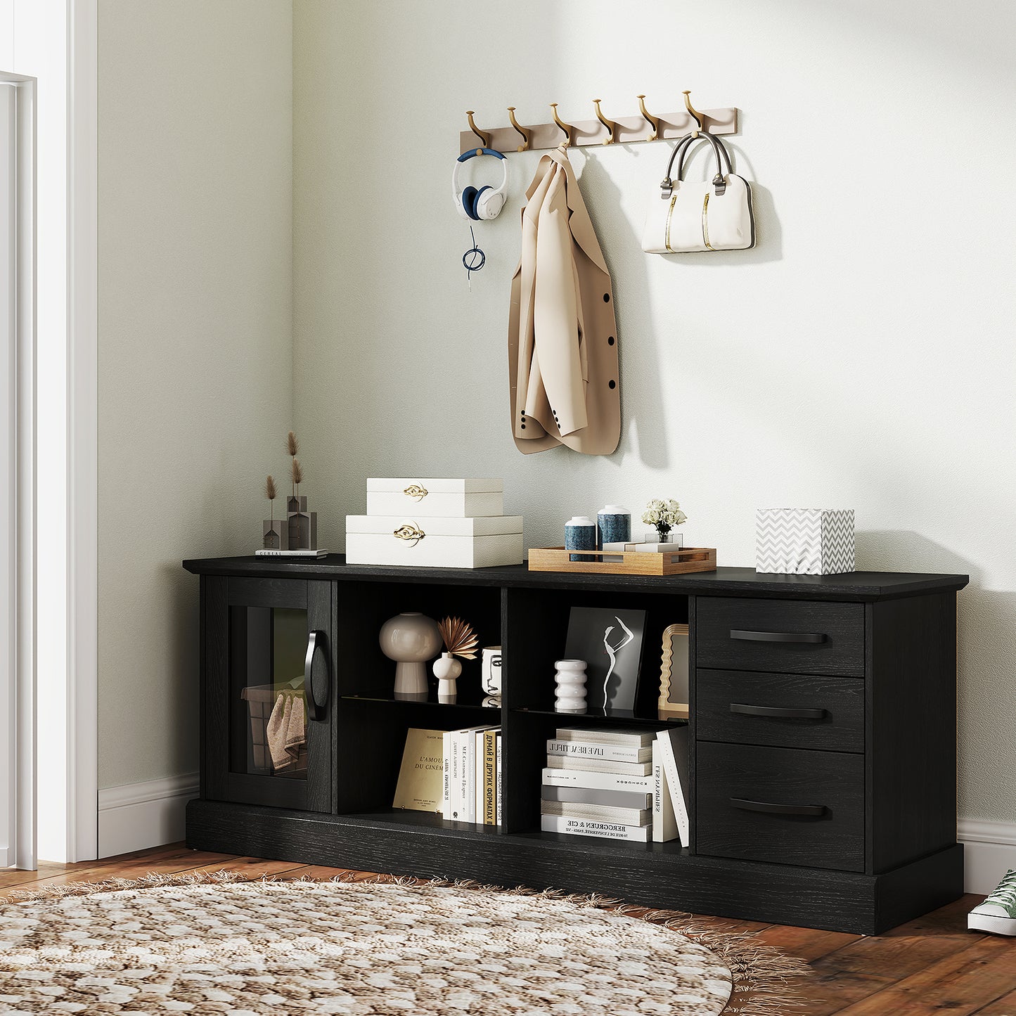 Media Console Table 63 Inch with 3 Drawers 2 Glass Shelves Supports TVs up to 73 Inches - Black