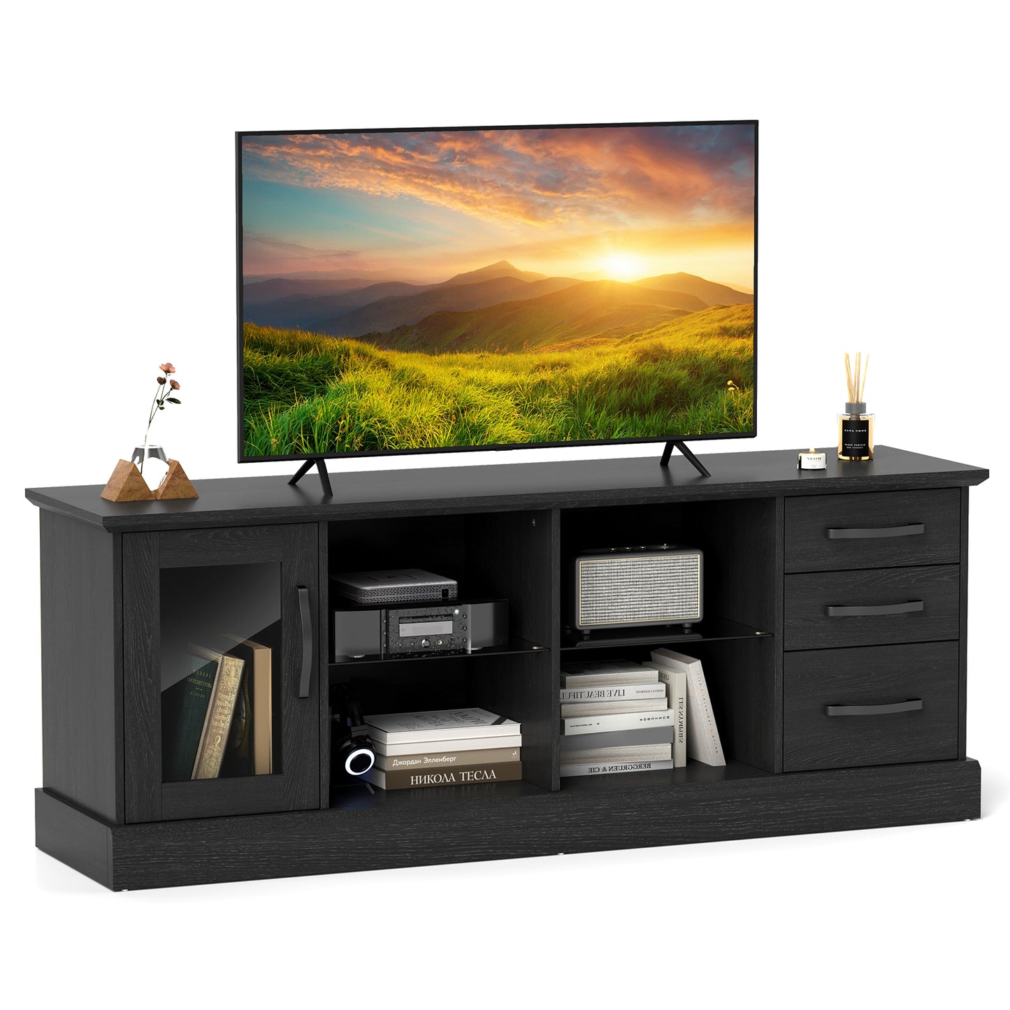 Media Console Table 63 Inch with 3 Drawers 2 Glass Shelves Supports TVs up to 73 Inches - Black