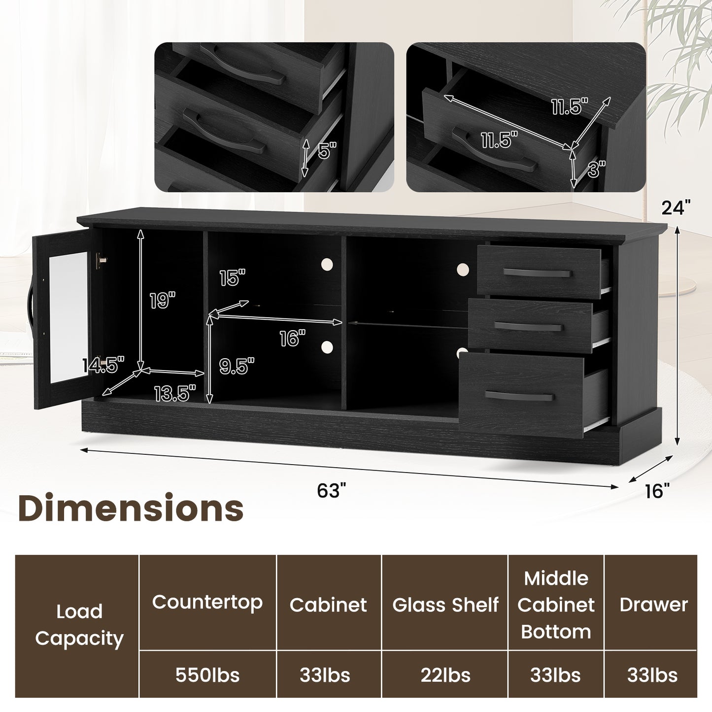 Media Console Table 63 Inch with 3 Drawers 2 Glass Shelves Supports TVs up to 73 Inches - Black