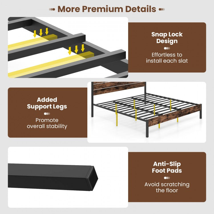 Rustic Brown Metal Platform Bed Frame with Slatted Headboard and Mute Bar – King Size
