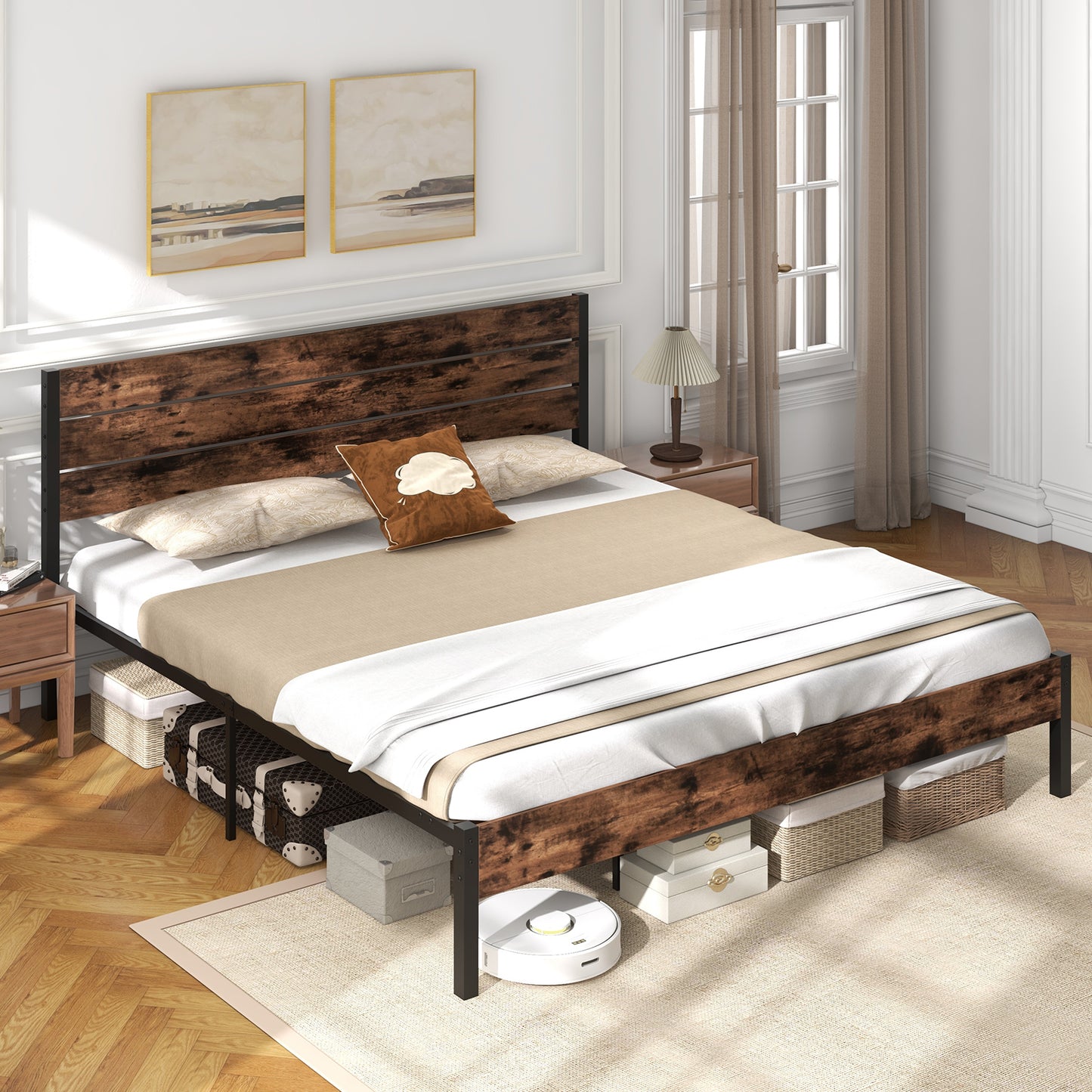 Rustic Brown Metal Platform Bed Frame with Slatted Headboard and Mute Bar – King Size