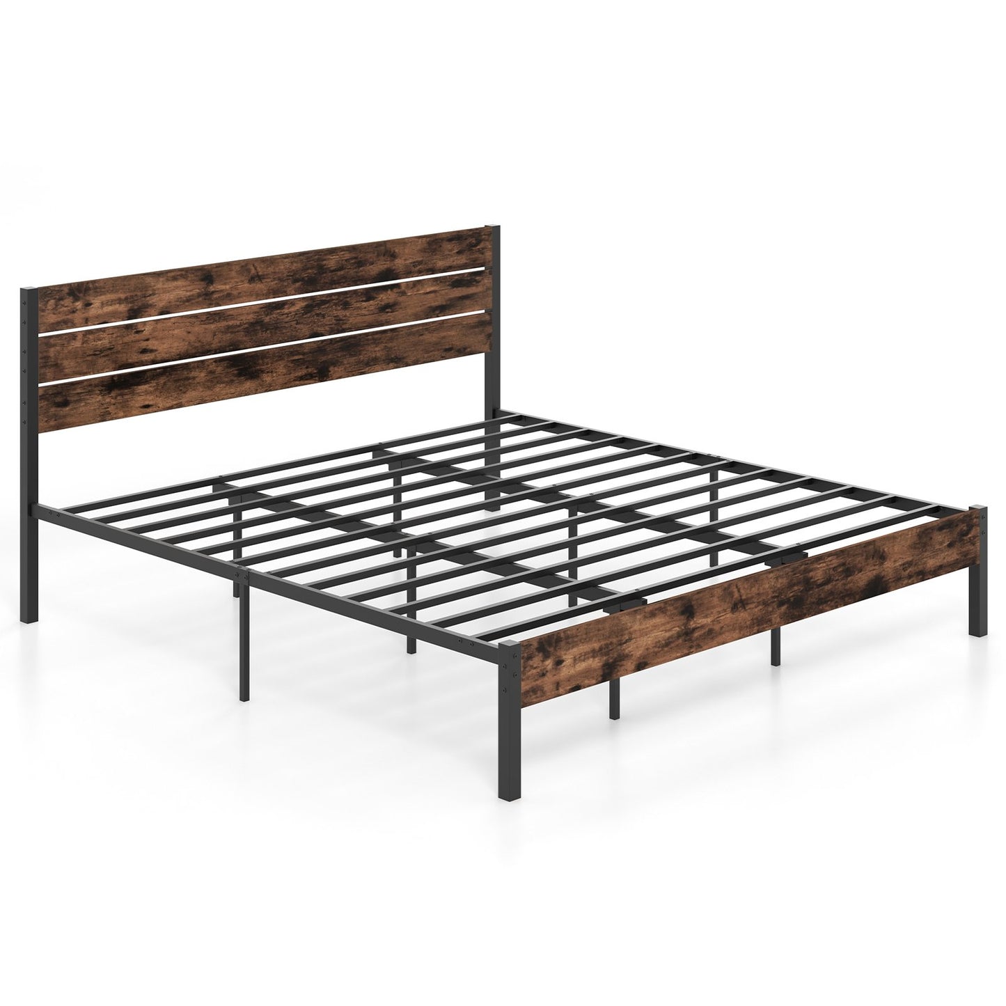 Rustic Brown Metal Platform Bed Frame with Slatted Headboard and Mute Bar – King Size
