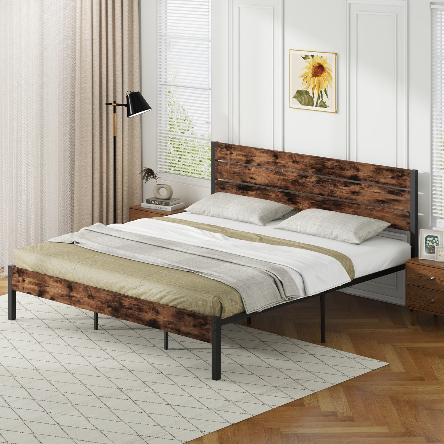 Rustic Brown Metal Platform Bed Frame with Slatted Headboard and Mute Bar – King Size