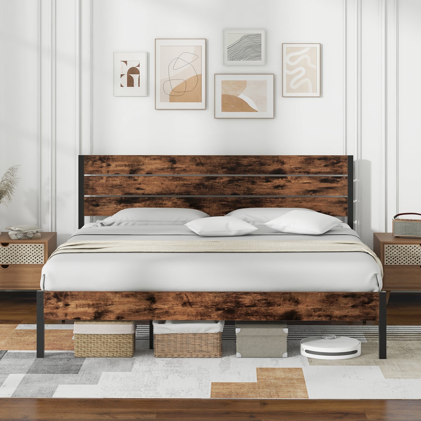 Rustic Brown Metal Platform Bed Frame with Slatted Headboard and Mute Bar – King Size