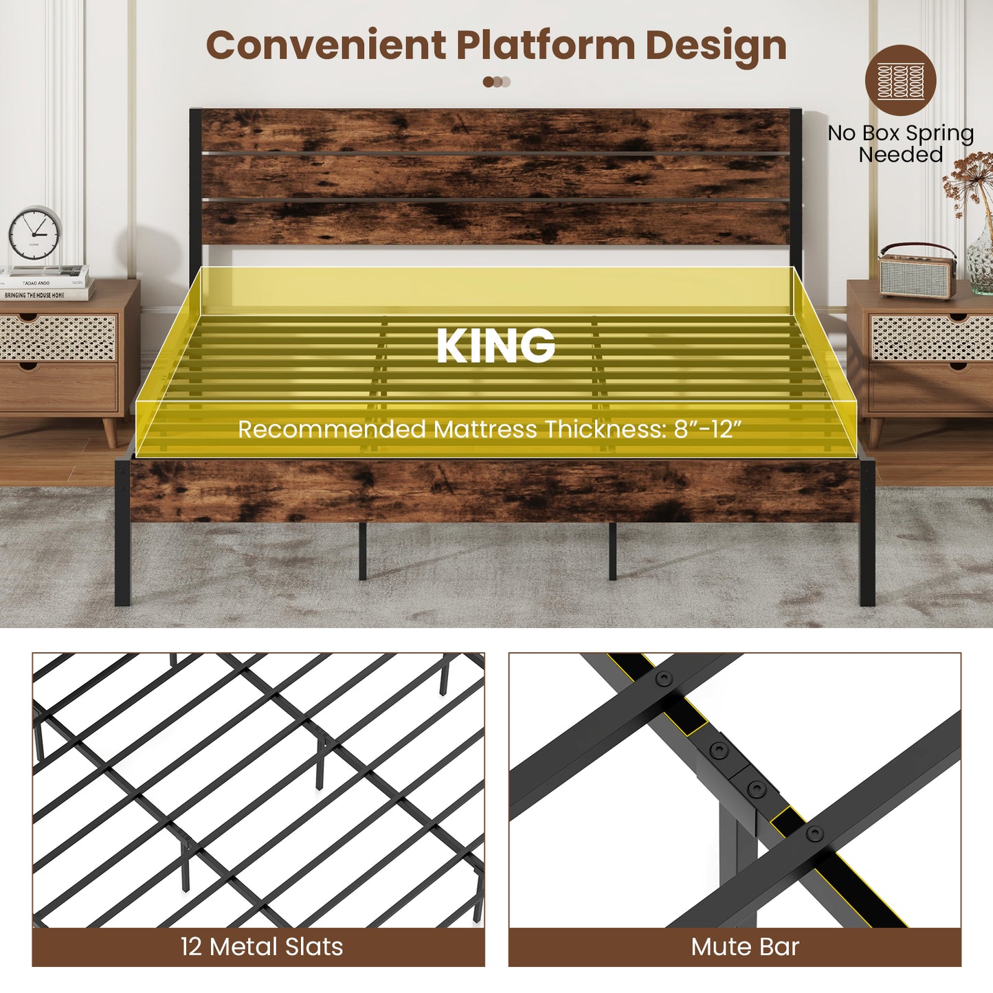 Rustic Brown Metal Platform Bed Frame with Slatted Headboard and Mute Bar – King Size