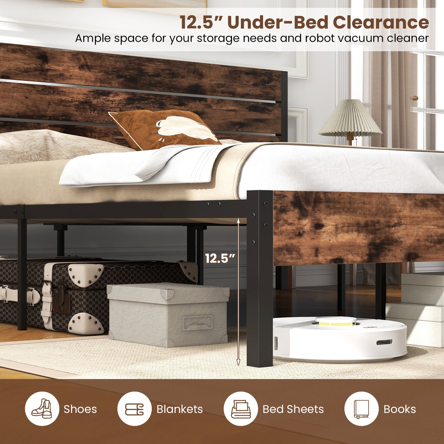 Rustic Brown Metal Platform Bed Frame with Slatted Headboard and Mute Bar – King Size
