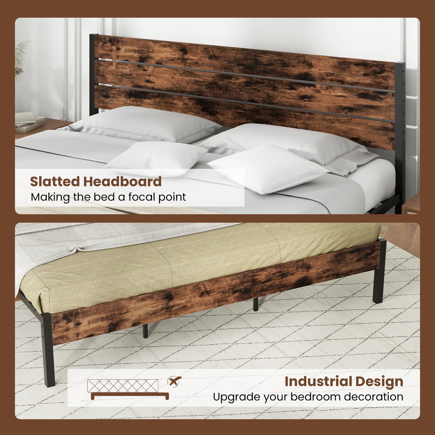 Rustic Brown Metal Platform Bed Frame with Slatted Headboard and Mute Bar – King Size