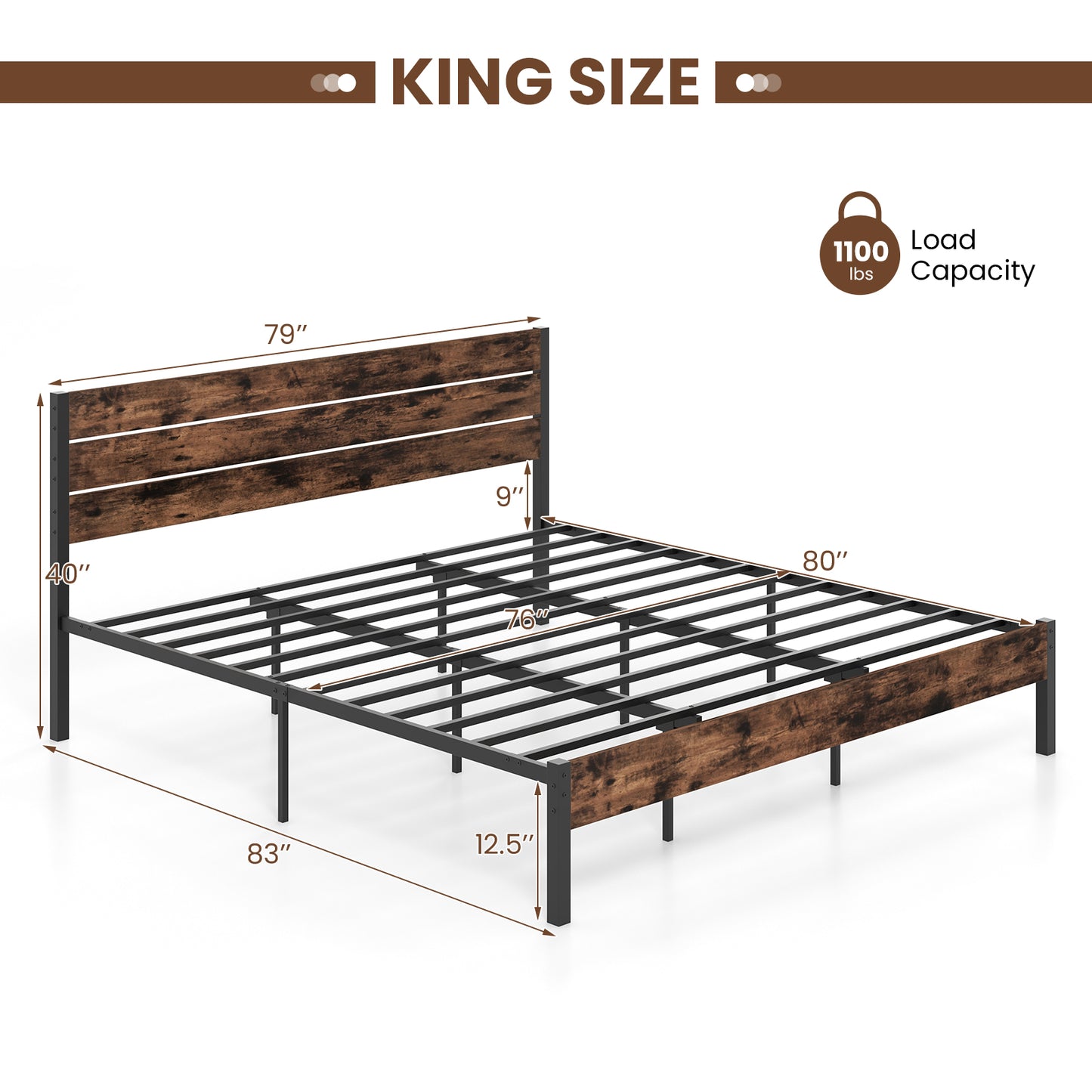 Rustic Brown Metal Platform Bed Frame with Slatted Headboard and Mute Bar – King Size