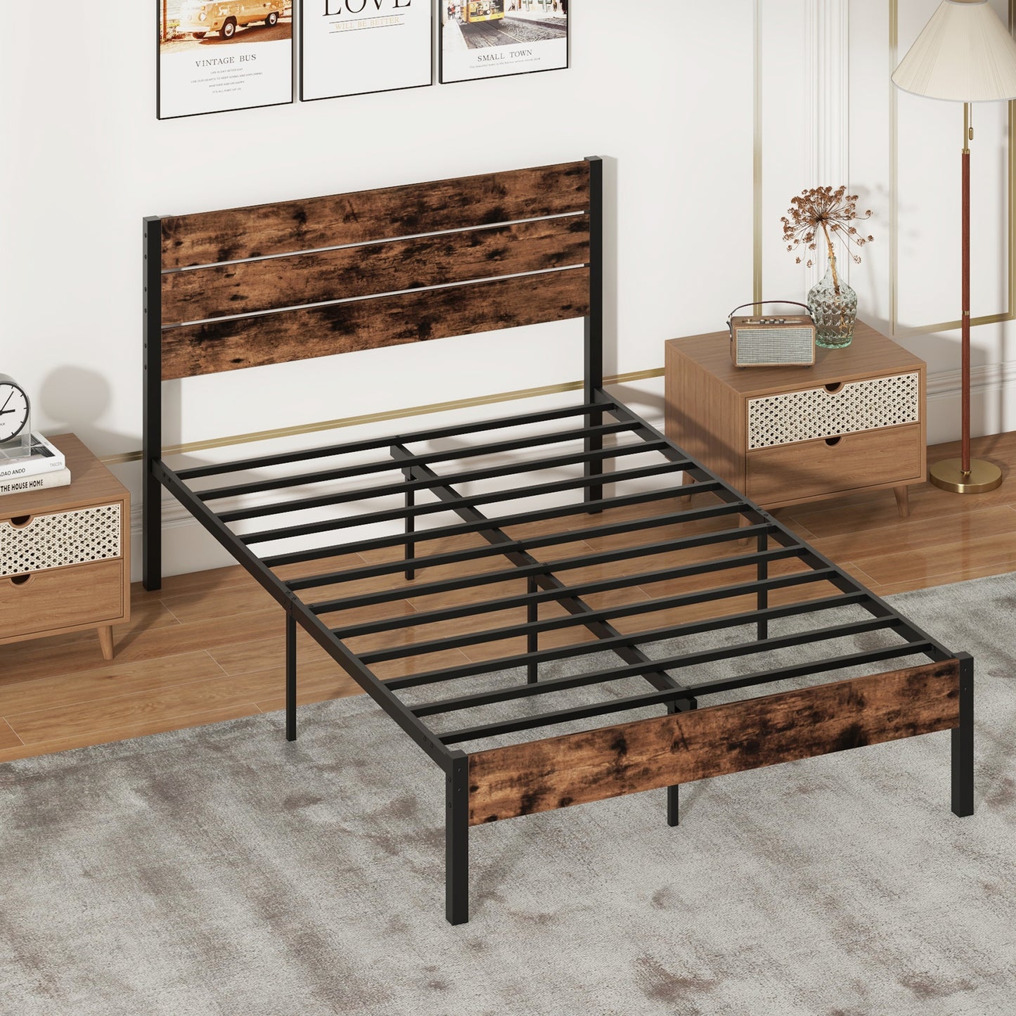Rustic Brown Metal Platform Bed Frame with Slatted Headboard and Mute Bar – Full Size