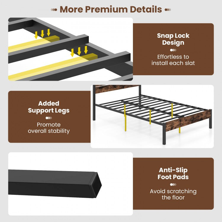 Rustic Brown Metal Platform Bed Frame with Slatted Headboard and Mute Bar – Full Size