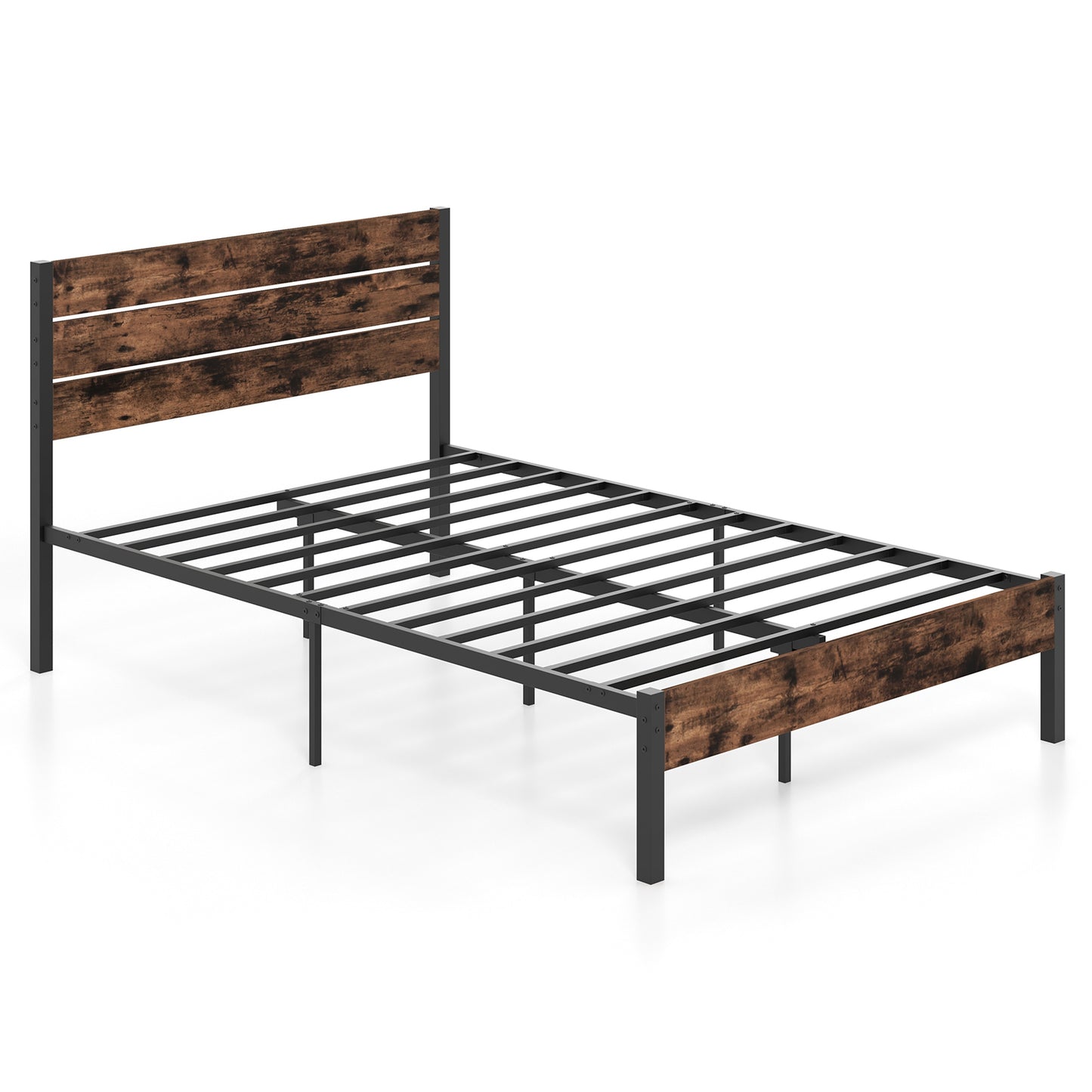 Rustic Brown Metal Platform Bed Frame with Slatted Headboard and Mute Bar – Full Size