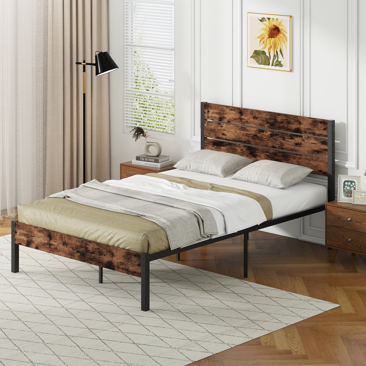 Rustic Brown Metal Platform Bed Frame with Slatted Headboard and Mute Bar – Full Size
