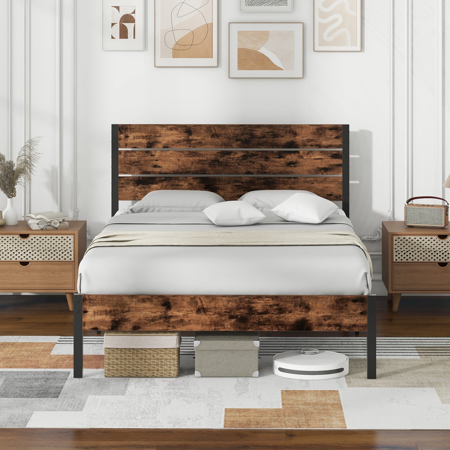 Rustic Brown Metal Platform Bed Frame with Slatted Headboard and Mute Bar – Full Size