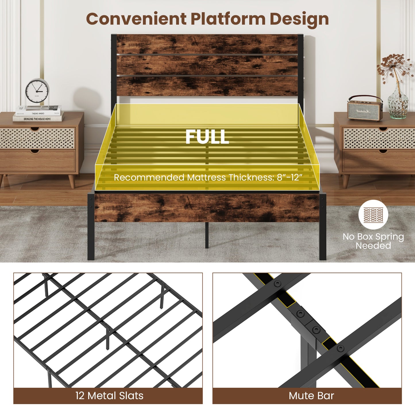Rustic Brown Metal Platform Bed Frame with Slatted Headboard and Mute Bar – Full Size