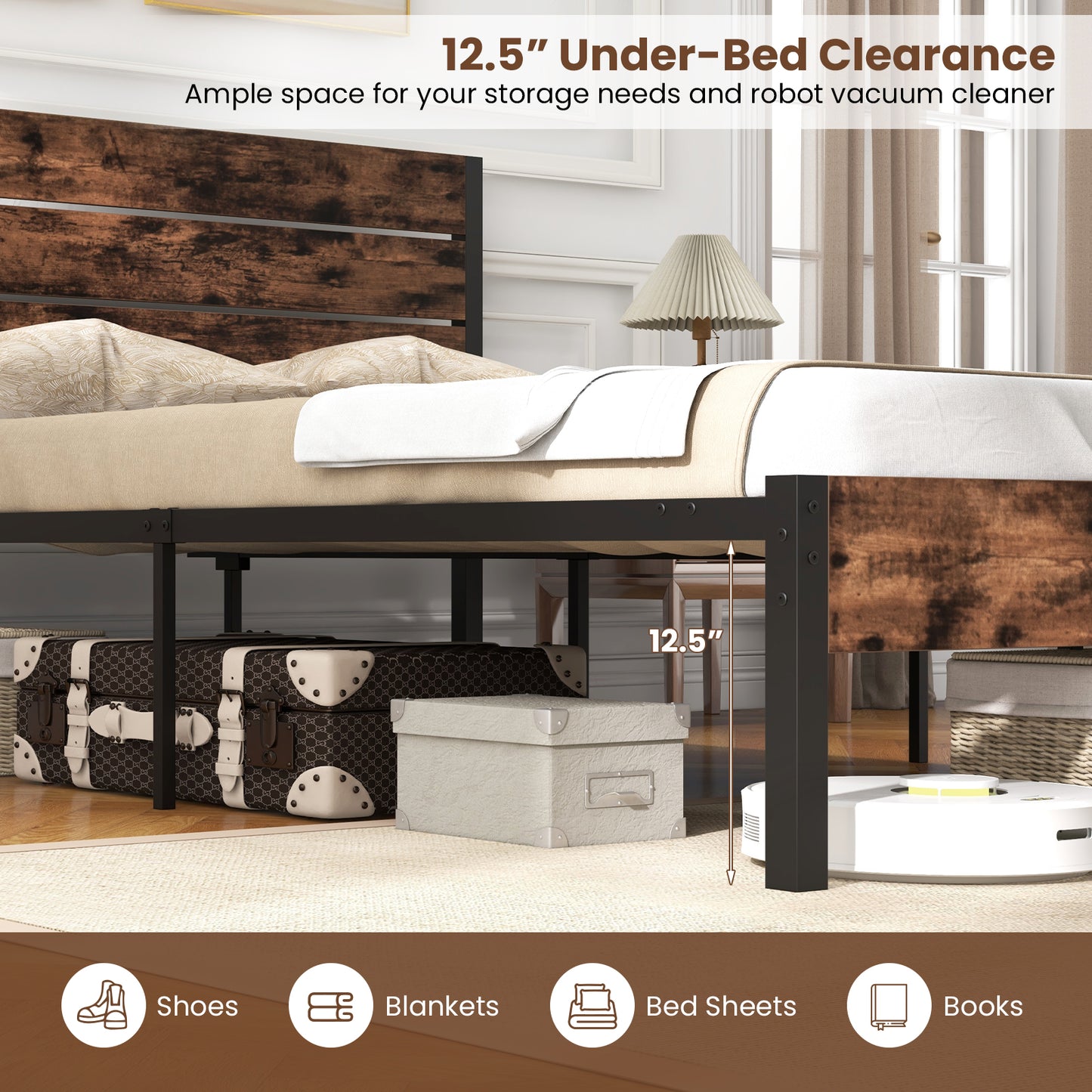 Rustic Brown Metal Platform Bed Frame with Slatted Headboard and Mute Bar – Full Size
