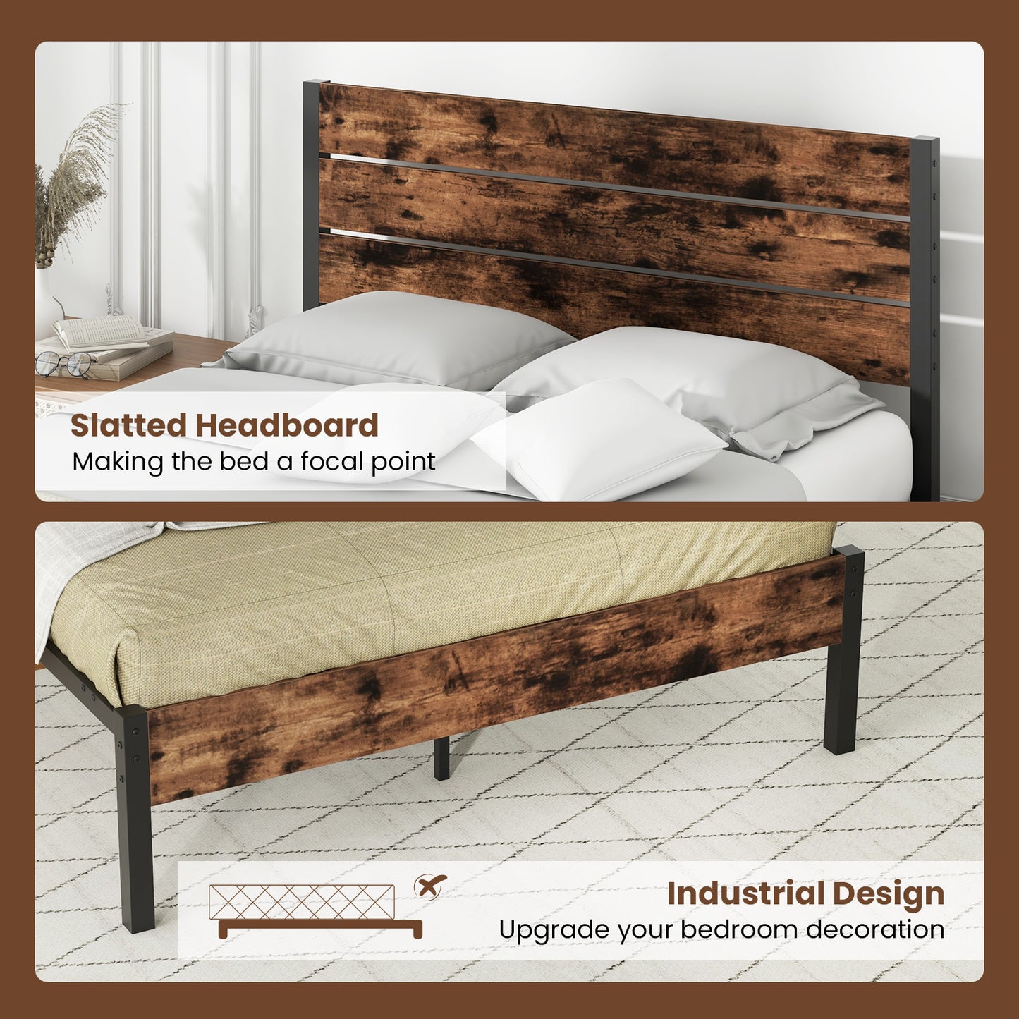 Rustic Brown Metal Platform Bed Frame with Slatted Headboard and Mute Bar – Full Size