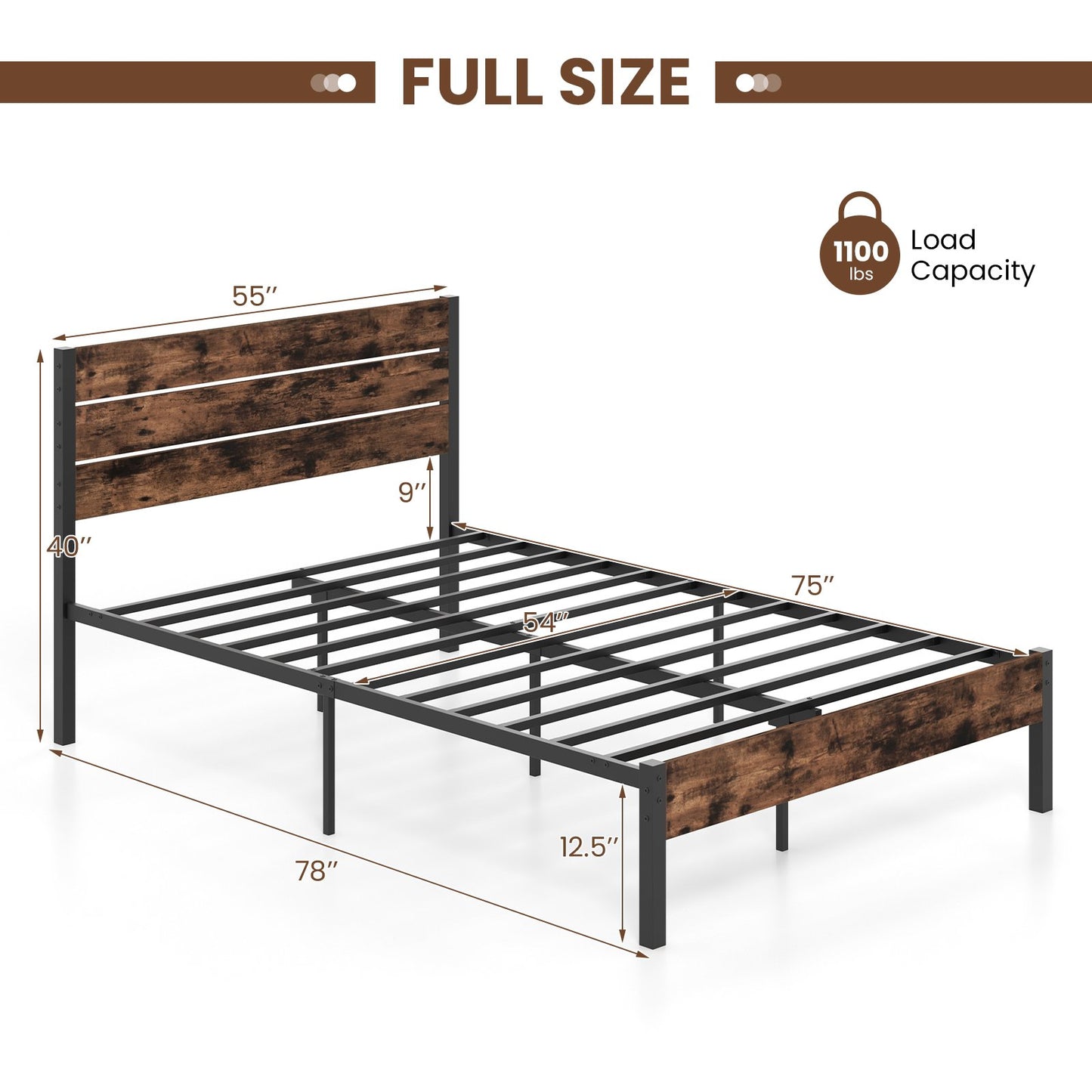 Rustic Brown Metal Platform Bed Frame with Slatted Headboard and Mute Bar – Full Size