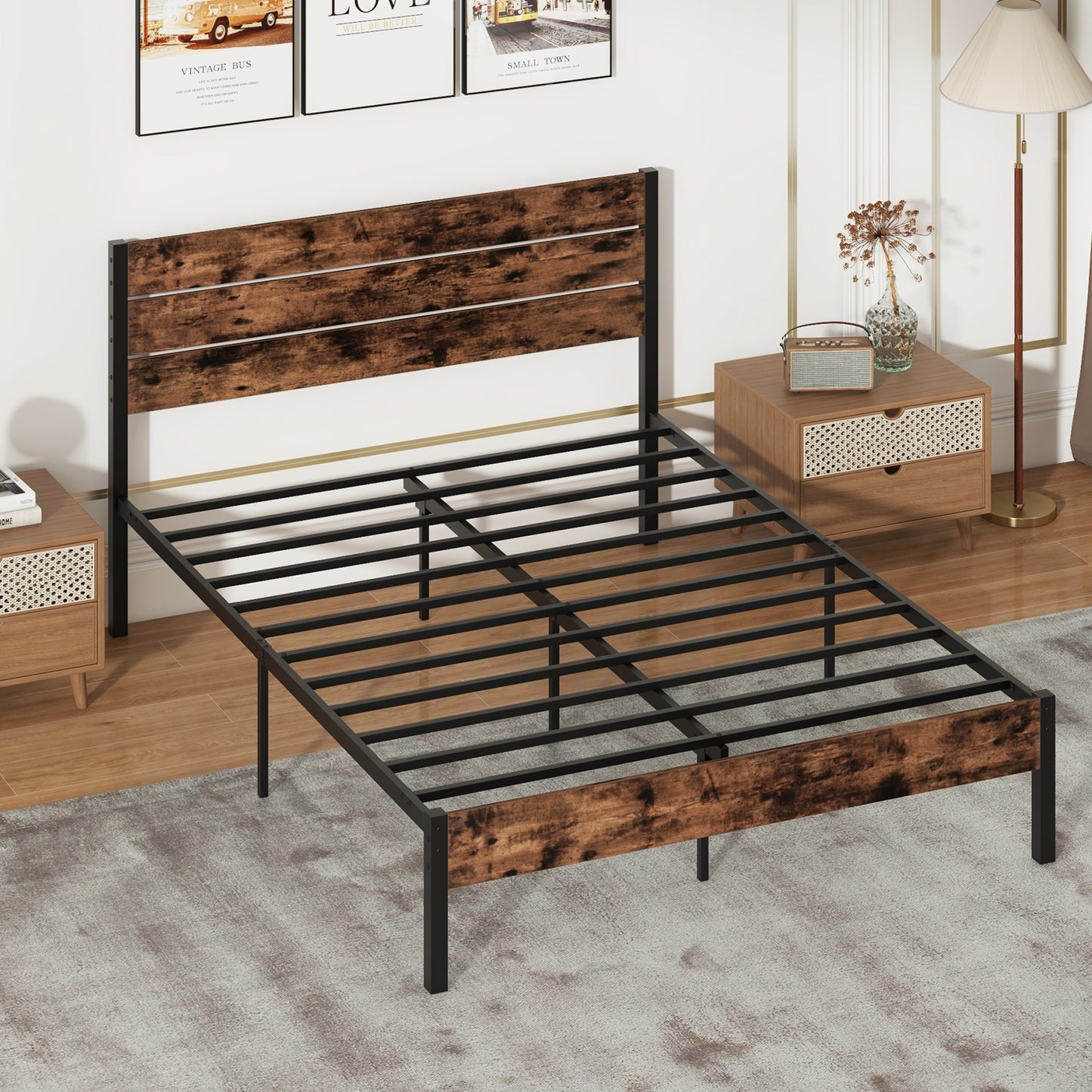 Rustic Brown Metal Platform Bed Frame with Slatted Headboard and Mute Bar – Queen Size