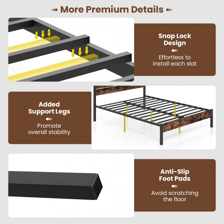 Rustic Brown Metal Platform Bed Frame with Slatted Headboard and Mute Bar – Queen Size