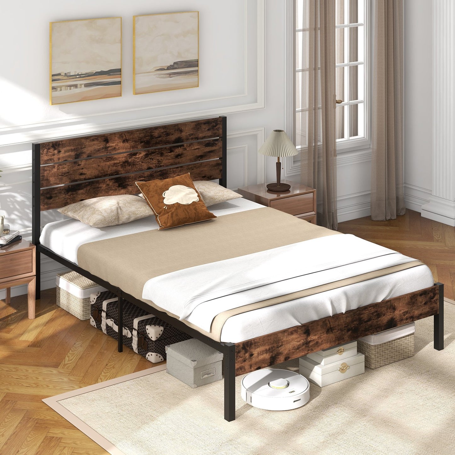 Rustic Brown Metal Platform Bed Frame with Slatted Headboard and Mute Bar – Queen Size