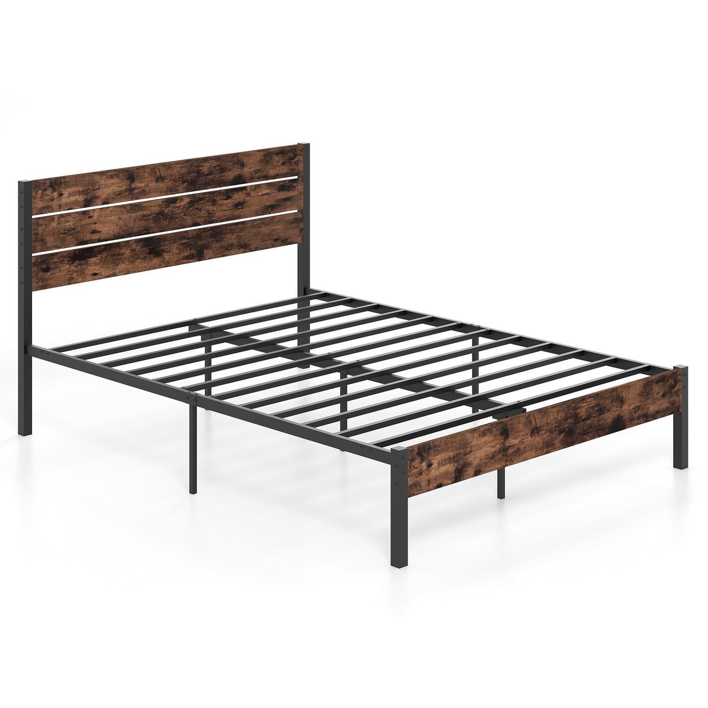 Rustic Brown Metal Platform Bed Frame with Slatted Headboard and Mute Bar – Queen Size
